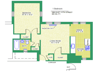 Unit 206, 306, 406 Floor Plan, 1 bedroom at 1680 east 117th street, 565 sq. ft., bedroom 10'-9" X 14'-2", living room 12' X 13'-9", kitchen, 8' X 8', dining 8'-3" X 8', with bath, corridor, and radiator-typ, four closets, refrigerator and exit