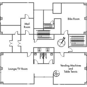 Clarke Tower Floor 1 plan, with two elevators, two restrooms, mail room, bike room, room with vending machine and table tennis, and room with lounge and TV, with three stairwells and a northwest orientation