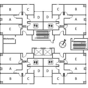 Clarke Tower Floor 2 plan, room 201 A,B,C,D, and E, room 202 A,B,C,D, and E, room 203, A,B,C,D, and E, room 204 A,B,C,D and E, with four restrooms, kichenette, two stairs and a northwest orientation
