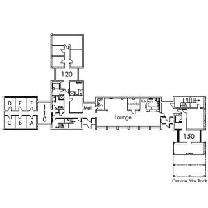 Alumni House Floor 1 plan, rooms 110 A,B,C,D,E and F, 120 and 150, with mail room, two bathroom, lounge, laundry, kitchen, outside bike rack and two stairwell