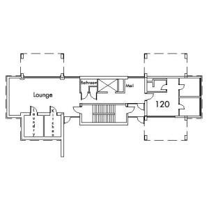 Staley House Floor 1 plan, room 120, with lounge, bathroom, mail room, laundry, kitchen and stairwell.