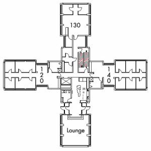 Glaser House Floor 1 plan, rooms 120, 130 and 140, with lounge, three bathroom, mailroom and one stairwell.