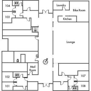 Storrs House Floor 1 plan, room 101, 102, 103, 104, 107 and 108, with three restrooms, elevator, bike room, kitchen, laundry, lounge, mail room and a northwest orientation.