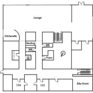 Norton House Floor 1 plan, with room 103, 104, two restrooms, elevator, kitchenette, lounge, vending machine, piano, bike room, two stairwells and a southeast orientation.