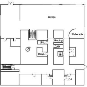Raymond House Floor 1 plan, with room 104, kitchenette, two restrooms, elevator, vending machine, lounge, piano, two stairwells and a northwestern orientation.