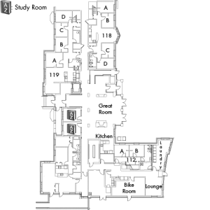 Village House 6 Floor 1 plan with rooms 112 A and B, 118 A,B,C and D, 119 A,B,C and D, with great room, kitchen, bike room, two lounges, two AZ study rooms and two stairwell.