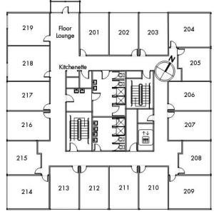 Taft House Floor 2 plan, room 201, 202, 203, 204, 205, 206, 207, 208, 209, 210, 211, 212, 213, 214, 215, 216, 217, 218, 219, with floor lounge, two bathrooms, elevator, kitchenette, two stairwell and a northwest orientation.