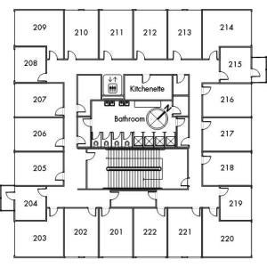 Tyler House Floor 2 plan, room 201, 202, 203, 204, 205, 206, 207, 208, 209, 210, 211, 212, 213, 214, 215, 216, 217, 218, 219, 220, 221 and 222, with bathroom, elevator, kitchenette, one stairwell and a northwest orientation.