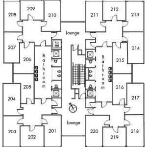 Cutler House Floor 2 plan, room 201, 202, 203, 204, 205, 206, 207, 208, 209, 210, 211, 212, 213, 214, 215, 216, 217, 218, 219, and 220, with two bathrooms, elevator, two lounges, one stairwell and a northeast orientation.