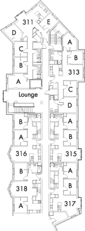 Village House 1 Floor 3, rooms 311 A,B,C,D and E, 313 A,B,C and D, 315 A and B, 316 A and B, 317 A and B, 318 A and B, with lounge and six stairwell.