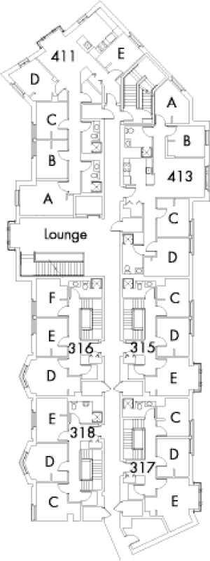 Village House 1 Floor 4, rooms 315 C,Dand E, 316 D,E and F, 317 C,D and E, 318 C,D and E, 411 A,B,C,D and E, 413 A,B,C and D, with lounge and 6 stairwell.