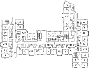 Village House 2 Floor 4 plan, rooms 324 C,D and E, 420 A,B,C and D, 421 A,B,C and D, 423 A,B,C,D and E, 425 A,B,C and D, 427 A,B,C and D, 428 A,B,C and D, 429 A,B,C,D and E with four stairwell.