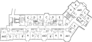 Village House 3A Floor 4 plan, rooms 344, C,D and E, 342 C,D and E, 440 A,B,C and D, 441 A and B, 443 A,B,C and D, and 445 A,B,C and D, with five stairwell.