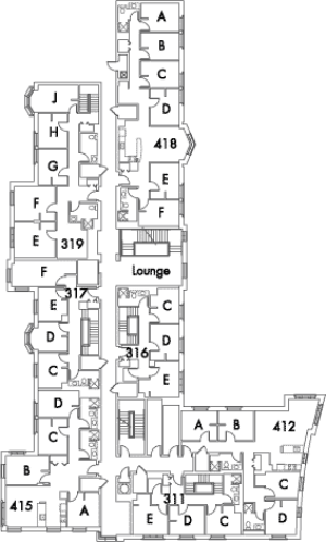 Village House 6 Floor 4 plan, rooms 311 C,D and E, 316 C,D and E, 317 C,D,E and F, 319 E,F,G,H and J, 412 A,B,C and D, 415 A,B,C and D, 418 A,B,C,D,E and F, with lounge and six stairwell.