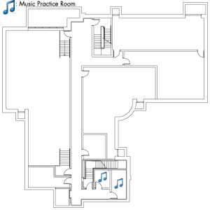 Village House 5 Basement plan with four large rooms, two music practice rooms and four stairwell.
