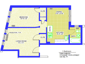 Unit 5, 9, 11 Floor Plan one bedroom at 1715 East 115th street, 545 sq. ft., bedroom 12'-6" X 9', living room, 14' X 13', kitchen 9'-6" X 8', dining 9'-6" X 8'-6", with refrigerator, two closets, radiator-typ and bath