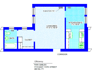 Unit 2, 7, 15, 21 Floor Plan Efficiency at 1715 East 115th street, 400 sq. ft., living/bed 11'-5" X 16'-6", kitchen/dining 7' X 16'-6", with refrigerator, sink, corridor, closet, radiator-typ and bath