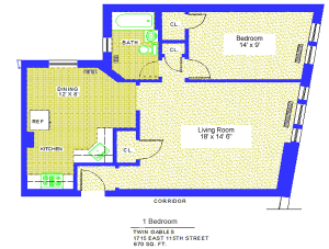 Unit 4, 10, 18 Floor Plan one bedroom at 1715 East 115th street, 670 sq. ft., bedroom 14' X 9', living room, 18' X 14'-6", kitchen, dining 12' X 8', with refrigerator, corridor, three closets and bath