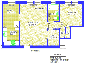Unit 8, 16, 20 Floor Plan one bedroom at 1715 East 115th street, 540 sq. ft., bedroom 10'-4" X 9', living room, 12' X 16'-6", kitchen 7'-5" X 7', dining 7'-5" X 9'-4", closet 5'-2" X 6'-4",with two more closets, radiator-typ, corridor and bath