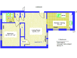 Unit 9, 17, 23 Floor Plan one bedroom at 1715 East 115th street, 565 sq. ft., bedroom 10'-4" X 11'-10", living room, 12'-6" X 17', kitchen/dining 15' X 8', with four closets, radiator-typ, corridor, bath and refrigerator