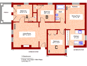 Units 1, 3, and 5, three-bedroom apartments at 1719 and 1727 East 116th place, 1010 sq. ft., three bedrooms (A,B and C), 10'-10" X 10', 9'-5" X 10' and 9'-7" X 13'-7", living room 19'-7" X 13'-11", kitchen 11' X 9', dining room 11'-1" X 14', with bath, interior stair, exterior stair, porch, radiator, two closets and refrigerator