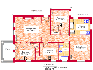 Units 2, 4, and 6, three-bedroom apartment at 1719 and 1727 East 116th place, 1010 sq. ft., three bedrooms (A,B and C), 9'-8" X 13'-7", 9'-9" X 9'-8" and 10'-9" X 9'-8", living room 19' X 14'-3", kitchen 10'-9" X 9', dining room 11' X 14', with bath, interior stair, exterior stair, porch, three closets and refrigerator