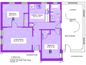Unit 7, two-bedroom apartment at 1719 and 1727 East 116th place, 730 sq. ft., two bedrooms (A and B), 13' X 11'-7" and 9'-8" X 14', living room 15'-2" X 11'-5", kitchen/dining 10'-3" X 12', with bath, interior stair, exterior stair, laundry, common area, bike storage, three closets and refrigerator