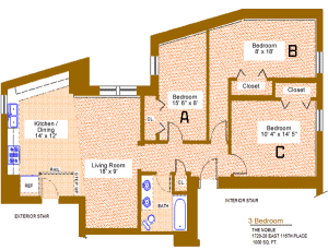 Unit 14 Floor Plan, three bedroom at the noble, 1720-28 east 116th place, 1000 sq. ft., three bedrooms (A, B and C), 15'-6" X 8', 8' X 18' and 10'-4" X 14'-5", living room 18' X 9', kitchen/dining 14' X 12', with bath, interior stair, exterior stair, rail step up, four closets and refrigerator