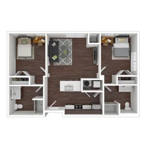 Hazel Apartments, 2 Bedroom, three dimensional example layout