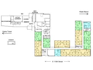 Stephanie Tubbs Jones First Floor Plan with yellow 4-bedroom apartments, green 2-bedroom apartments, and blue 1-bedroom apartments