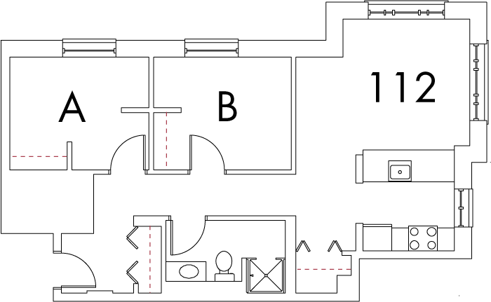 Village at 115 layout plan for building 5, apartment 112, with rooms A and B