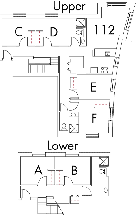 Village at 115 layout plan for building 6, apartment 112, with two floors, with rooms A and B on Lower, and C, D, E  and F on Upper