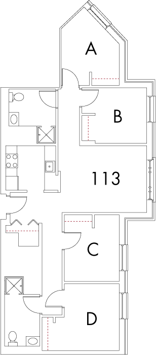 Village at 115 layout plan for building 1, apartment 113, with rooms A, B, C and D 