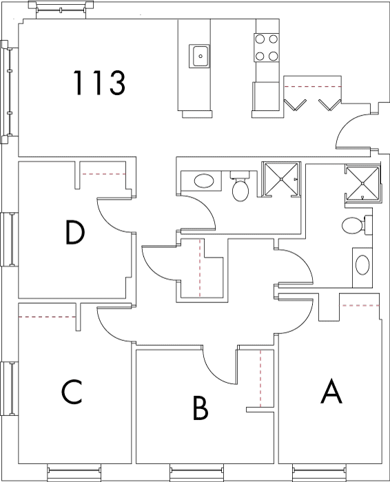 Village at 115 layout plan for building 5, apartment 113, with rooms A, B, C and D, in square arrangement