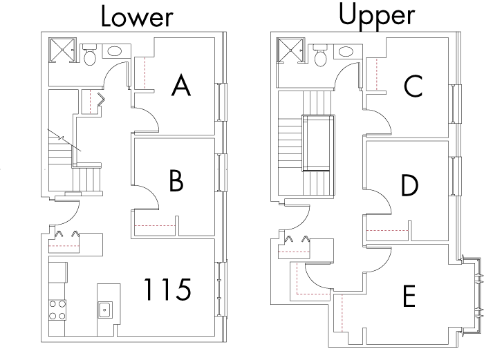 Village at 115 layout plan for building 1, apartment 115, with two floors, with rooms A and B on lower, and  C, D and E on upper