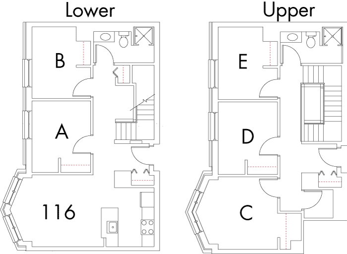 Village at 115 layout plan for building 1, apartment 116, with two floors, with rooms A and B on Lower, and C, D and E on Upper