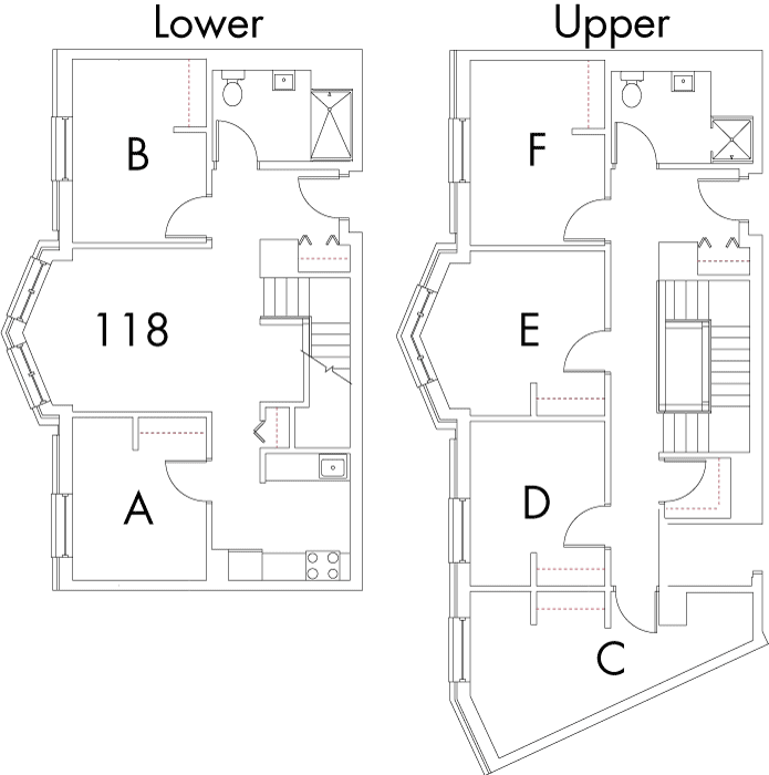 Village at 115 layout plan for building 1, apartment 118, with two floors, with rooms A and B on Lower, and C, D, E and F on Upper