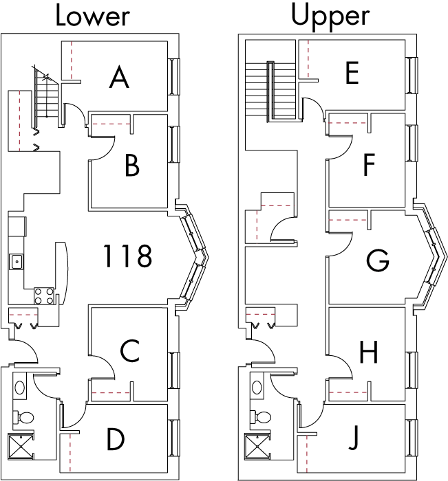Village at 115 layout plan for building 6, apartment 118, with two floors, with rooms A, B, C and D on Lower, and E, F, G, H and J on Upper