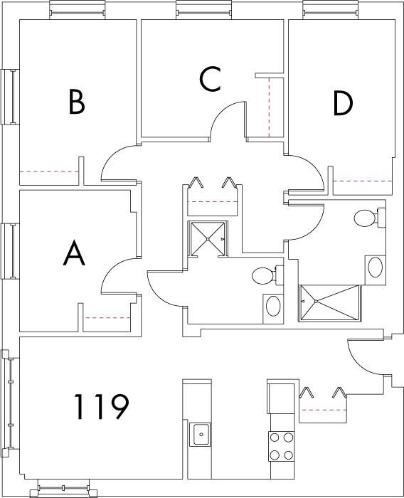 Village at 115 layout plan for building 5, apartment 119, with rooms A, B, C and D, in square arrangement