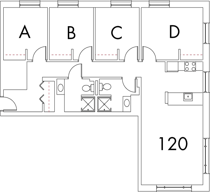 Village at 115 layout plan for building 5, apartment 120, with rooms A, B, C and D, in right angle arrangement