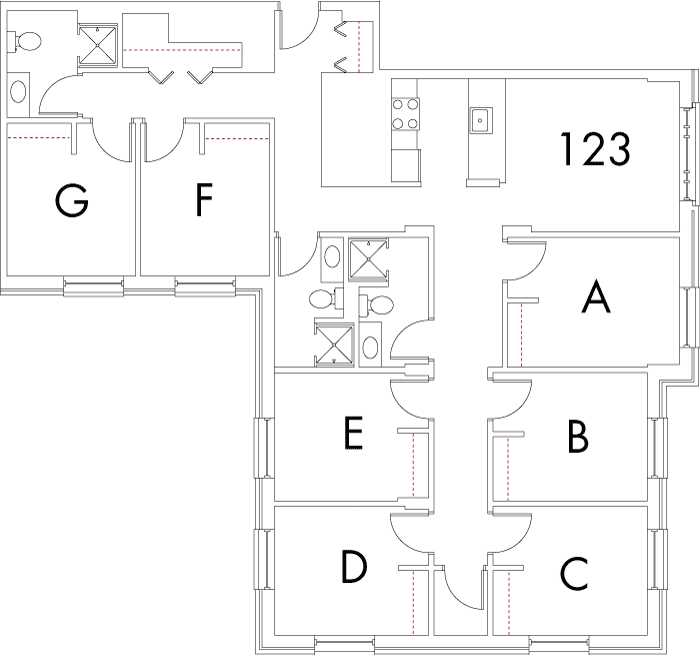 Village at 115 layout plan for building 2, apartment 123, with rooms A, B, C, D, E, F and G