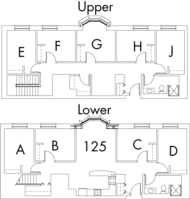 Village at 115 layout plan for building 7, apartment 125, with two floors, with rooms A, B, C and D on Lower, and E, F, G, H and J on Upper