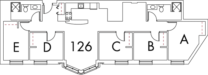 Village at 115 layout plan for building 7, apartment 126, with rooms A, B, C, D and E