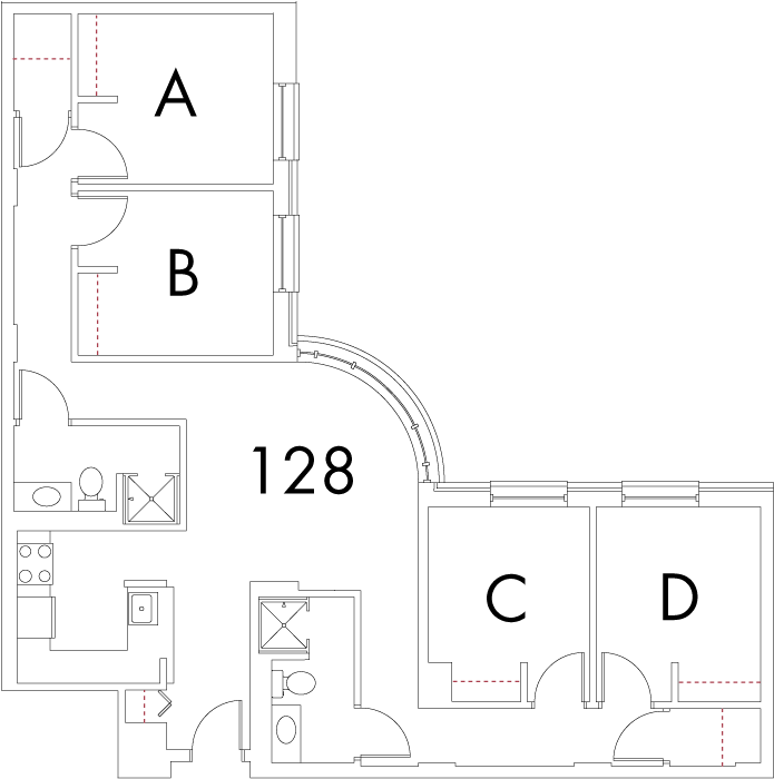 Village at 115 layout plan for building 2, apartment 128, with rooms A, B, C and D