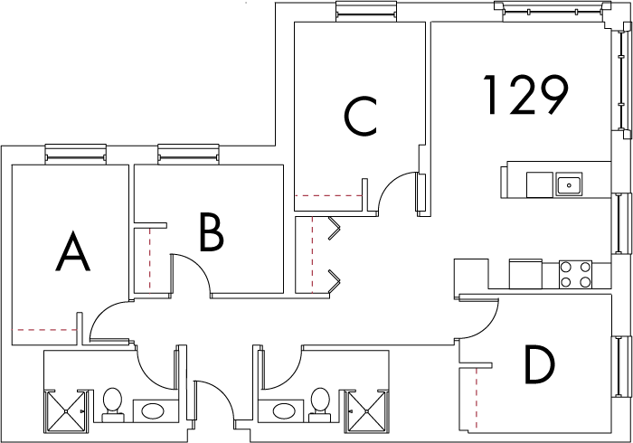 Village at 115 layout plan for building 7, apartment 129, with rooms A, B, C and D