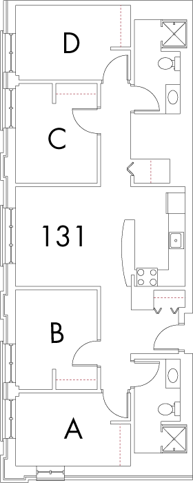 Village at 115 layout plan for building 3, apartment 131, with rooms A, B, C and D