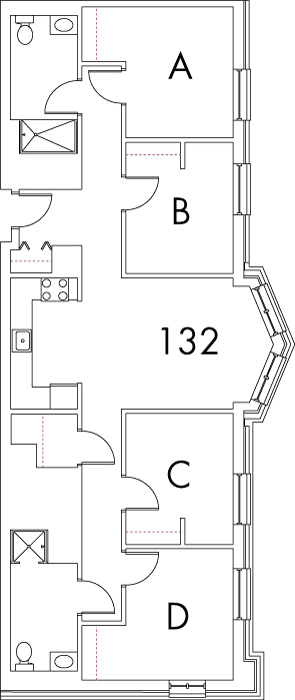 Village at 115 layout plan for building 3, apartment 132, with rooms A, B, C and D