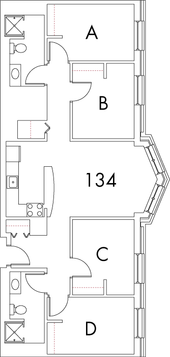 Village at 115 layout plan for building 3, apartment 134, with rooms A, B, C and D