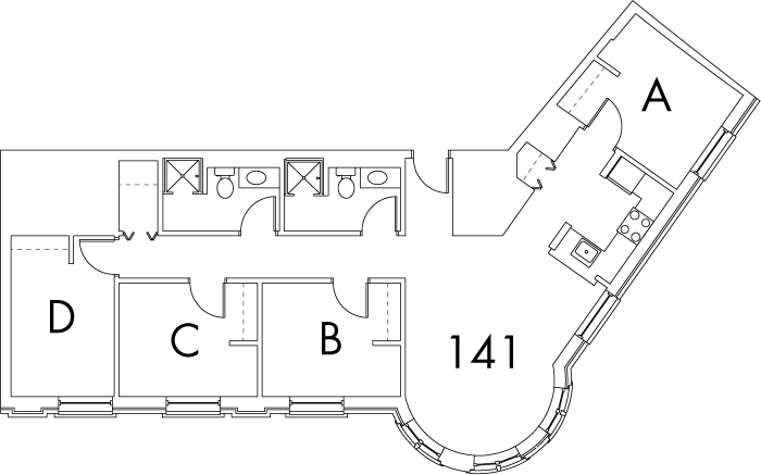 Village at 115 layout plan for building 3, apartment 141, with rooms A, B, C and D with A diaganoally aligned