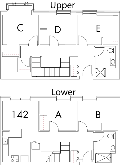 Village at 115 layout plan for building 3, apartment 142, with two floors, with rooms A and B on Lower, and C, D and E on Upper